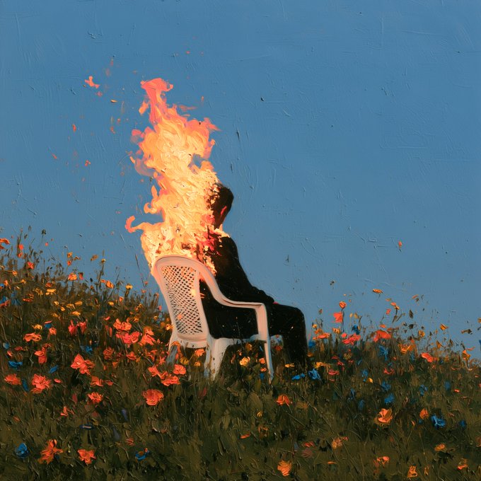 An artistic painting depicts a silhouetted figure sitting in a white plastic chair in a field of flowers, with their upper body engulfed in bright orange and yellow flames.