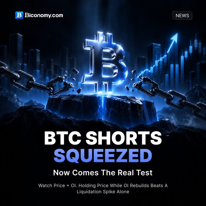 A Biconomy.com news graphic featuring a glowing Bitcoin symbol breaking chains, with the headline 'BTC SHORTS SQUEEZED — Now Comes The Real Test,' discussing price and OI holding.