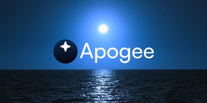 A dark, atmospheric image showing the 'Apogee' logo with a sparkle icon against a night seascape with the moon reflecting on the water.