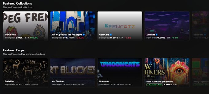 A webpage screenshot showing a Featured Collections section with NFT collections like 'PEG FRENS', 'Arc 4 OpenSea', 'OpenCatz', and 'Zoratov', along with Featured Drops including Early Idun, Art Blockers, Mooncats, and New Yorkers.