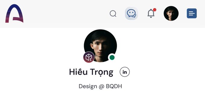 A profile page displays the name "Hiếu Trọng" with the title "Design @ BQDH" below a profile picture of a young man.
