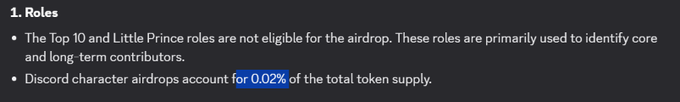 A text snippet titled '1. Roles' stating that Top 10 and Little Prince roles are not eligible for airdrop, with Discord character airdrops highlighted as accounting for 0.02% of total token supply.
