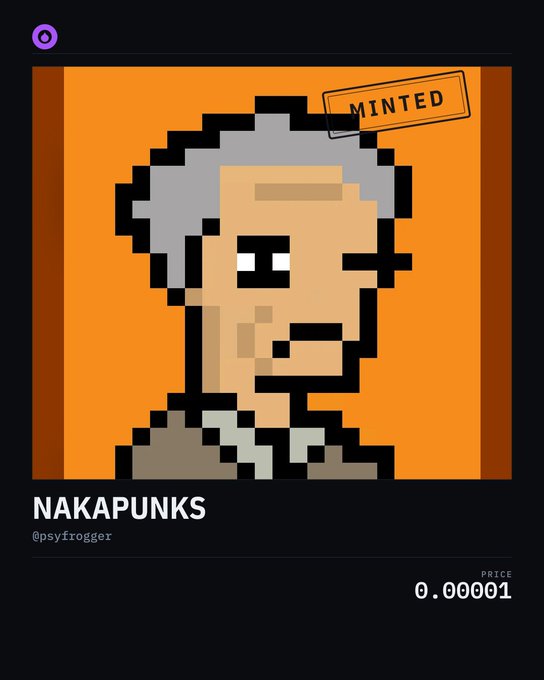 A digital collectible card titled 'NAKAPUNKS' by '@psyfrogger' features a pixel-art style portrait of a person with gray hair, marked 'MINTED' with a price of '0.000001'.
