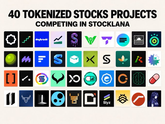 A graphic titled '40 TOKENIZED STOCKS PROJECTS COMPETING IN STOCKLANA' displaying a grid of 40 different logos representing various projects.