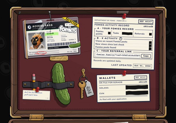 A digital illustration of an open briefcase displaying a 'FOMIES' access pass, a pickle, a key labeled '404', and records including 'SOLANA' and 'EVM' wallets with the text 'don't love the goodness you'll need it later.'