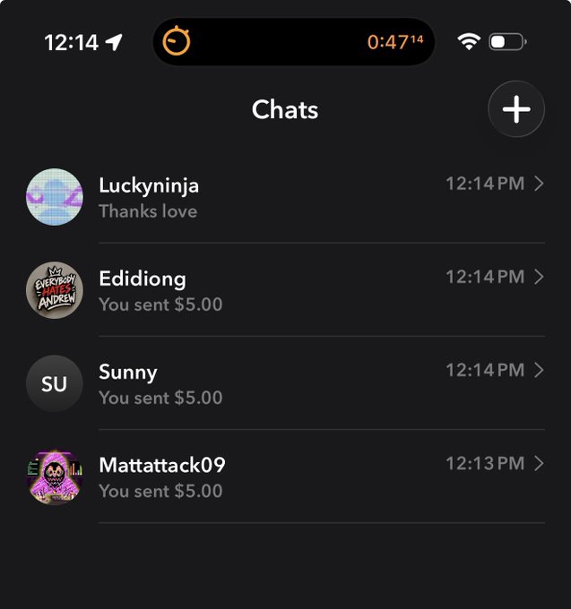 A mobile app screenshot titled 'Chats' showing a list of users (Luckyninja, Edidong, Sunny, Mattattack09) with message previews indicating '$5.00' payments sent at 12:14 PM.