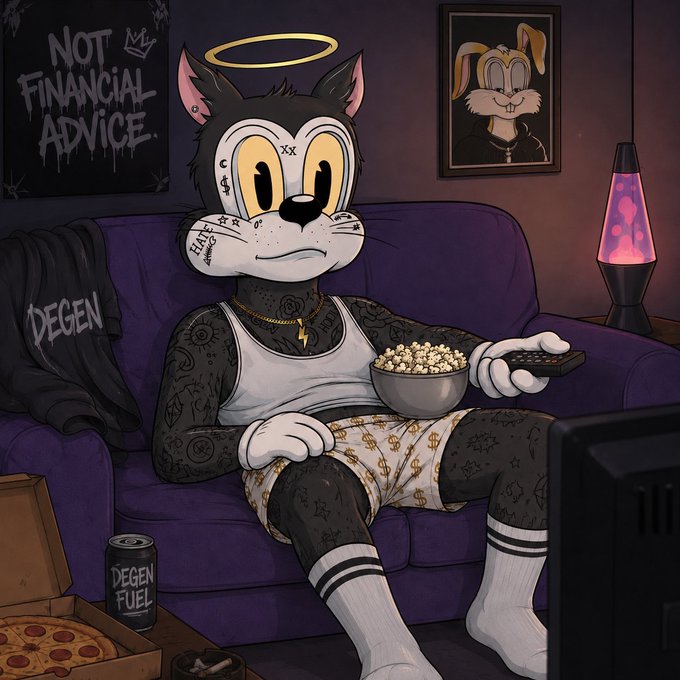A cartoon black cat character with a halo, tattoos, and a gold chain sitting on a purple couch eating popcorn and holding a remote, with 'NOT FINANCIAL ADVICE' graffiti on the wall, a 'DEGEN' jacket, and a 'DEGEN FUEL' energy drink visible.