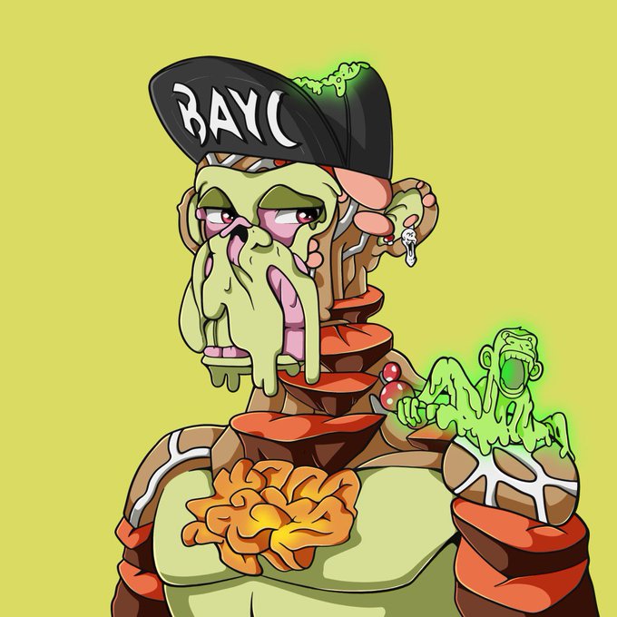 A cartoon zombie pirate wearing a "BAYC" (Bored Ape Yacht Club) cap drools green slime while holding a glowing green monkey NFT, greeting friends with "Good morning my friends" — a nod to the Web3/NFT community.