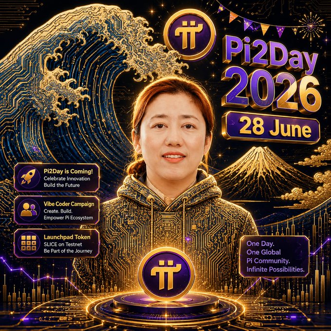 A promotional graphic for Pi2Day 2026 features a woman centered against a gold circuit-board wave and Mt. Fuji backdrop, highlighting the date "28 June" alongside Pi Network announcements: "Pi2Day is Coming! Celebrate Innovation, Build the Future," "Vibe Coder Campaign: Create. Build. Empower Pi Ecosystem," and "Launchpad Token $LICE on Testnet – Be Part of the Journey," with the tagline "One Day. One Global Pi Community. Infinite Possibilities."

The image visually supports the post's announcement by showcasing the upcoming Pi2Day 2026 event and the various ecosystem initiatives—Vibe Coder Campaign and Launchpad Token ($LICE)—that the Pi Network community is rallying around to build, launch, and earn together.