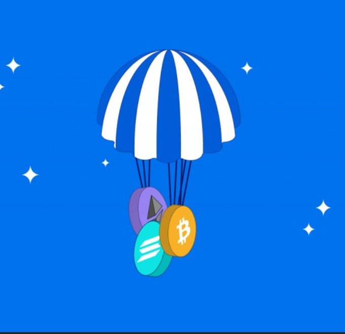 Illustration of a blue and white striped parachute airdropping three cryptocurrency coins (BTC, ETH, and Solana) against a blue starry background.