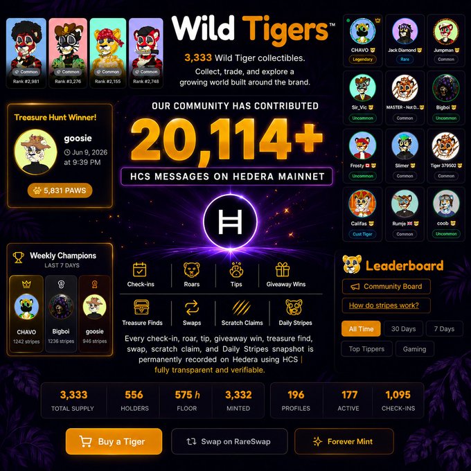 The image features a poster for a Wild Tigers trading card game with a purple background and white text. The poster includes various statistics about the game, such as the number of players, the total number of cards, and the average time spent playing the game. It also displays a leaderboard snapshot showing the top players in the game. The poster is accompanied by a list of achievements for the players, including a treasure hunt win, a Go-Guide win, and a Leaderboard snapshot.