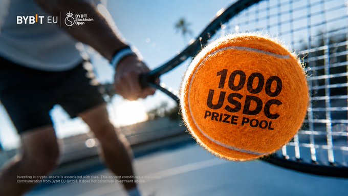 A close-up of a tennis ball overlaid with "1000 USDC PRIZE POOL" text, held by a player near a racket, promoting the Bybit Stockholm Open giveaway featured in the post.

Visible elements: "BYBIT EU" logo, "Bybit Stockholm Open" logo, "1000 USDC PRIZE POOL", and a disclaimer about crypto investment risks.