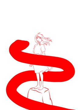 A simple red and white sketch of a girl with flowing hair standing on a pedestal, wrapped by a swirling red ribbon.