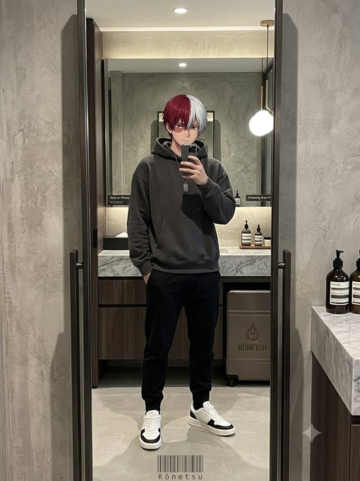 An anime-style mirror selfie of a character with red and white split-dyed hair wearing a black hoodie and sweatpants, with 'KONETSU' branding visible.