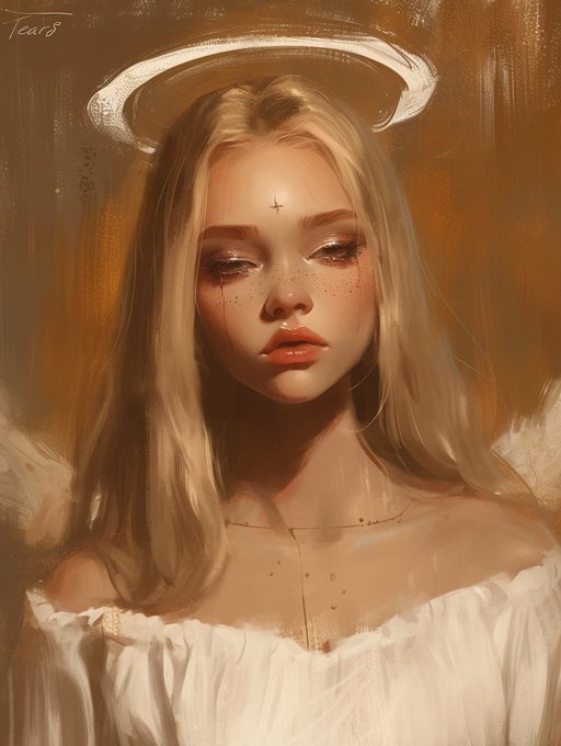 A digital portrait painting of a blonde young woman with a halo above her head, orange-toned makeup, freckles, and a cross marking on her forehead, with the word 'Tears' in the upper left corner.