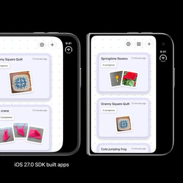 Two iPhone screens displayed side by side demonstrating an iOS 27.0 SDK-built app, showing image galleries titled 'Springtime Flowers' and 'Granny Square Quilt' with a 'Cute Jumping Frog' caption below.