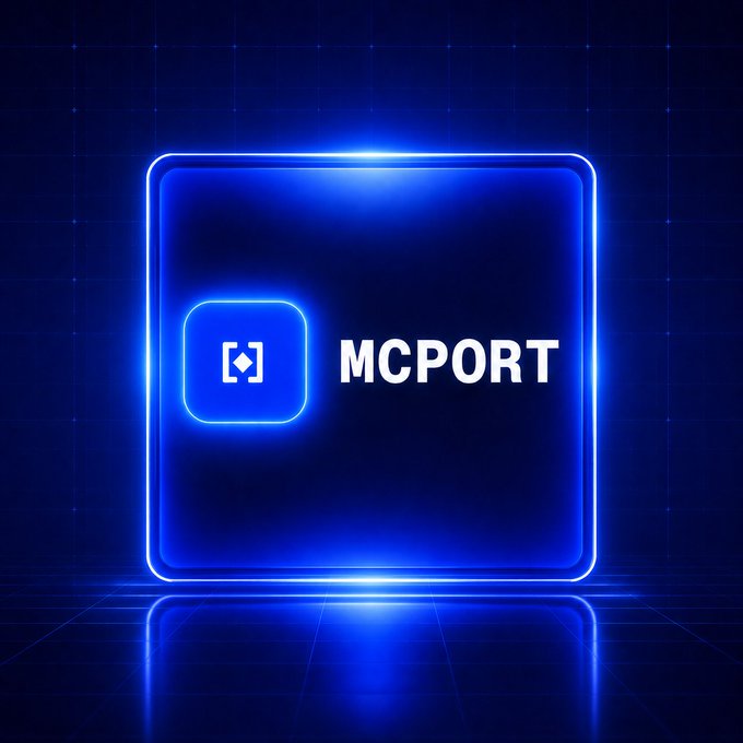 A glowing blue neon-style icon labeled 'MCPORT' displayed within a rounded square frame against a dark blue background with a grid pattern.