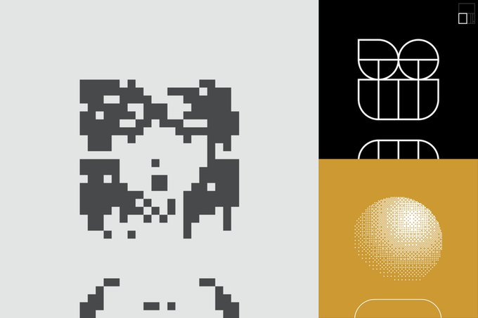 A four-panel grid showing pixelated/abstract designs including a gray pixelated face on white, white geometric shapes on black, and a dotted gradient shape on mustard yellow.
