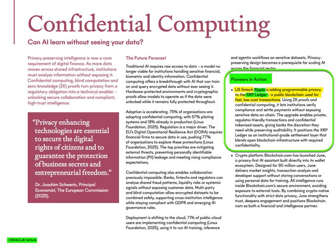 The image shows a page from a book titled "Confidential Computing", which discusses the future of finance, specifically focusing on tokenized assets and decentralized settlement. The text in the image indicates that Oracle NetSuite's Finance Futures report confirms what the Ripple community already knows about this topic. This information is relevant to the post because it highlights how blockchain technology can be used for financial purposes while ensuring privacy and security.