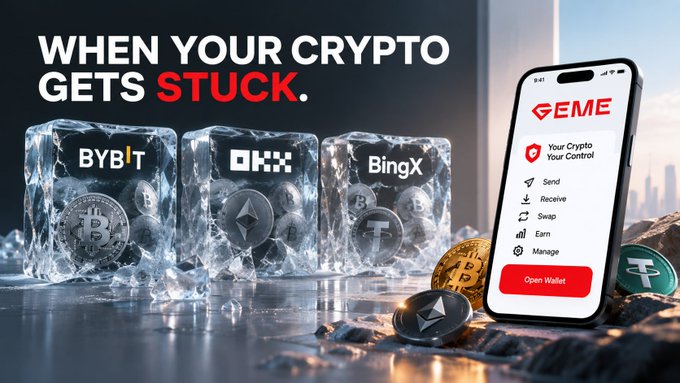 An advertisement with the text 'WHEN YOUR CRYPTO GETS STUCK' shows blocks of ice containing the logos of Bybit, OKX, and BingX next to a smartphone displaying the EME app interface with options like Send, Receive, Swap, and Earn.