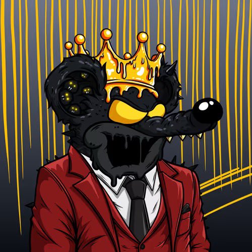 A cartoon-style illustration of a black monstrous character wearing a golden crown and red suit with a black tie, set against a background of yellow streaks.