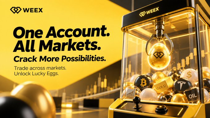 The image features a WEEX claw machine filled with golden balls marked with symbols for Bitcoin, Gold, Oil, and other assets, alongside the text "One Account. All Markets. Crack More Possibilities. Trade across markets. Unlock Lucky Eggs." This visually represents the post's message about using a single WEEX account to trade diverse markets (crypto and traditional assets) while unlocking rewards through the Daily Lucky Eggs S2 promotion.