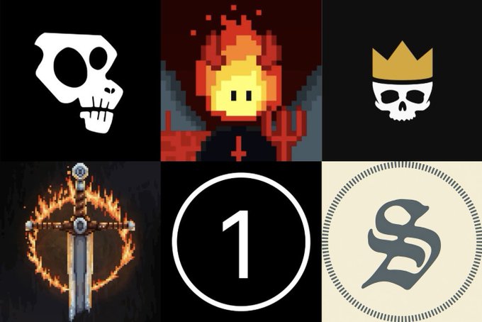 A six-panel grid of icons including a white skull, a pixel art demon, a crowned skull, a flaming sword, the number '1' in a circle, and a stylized 'S' logo.