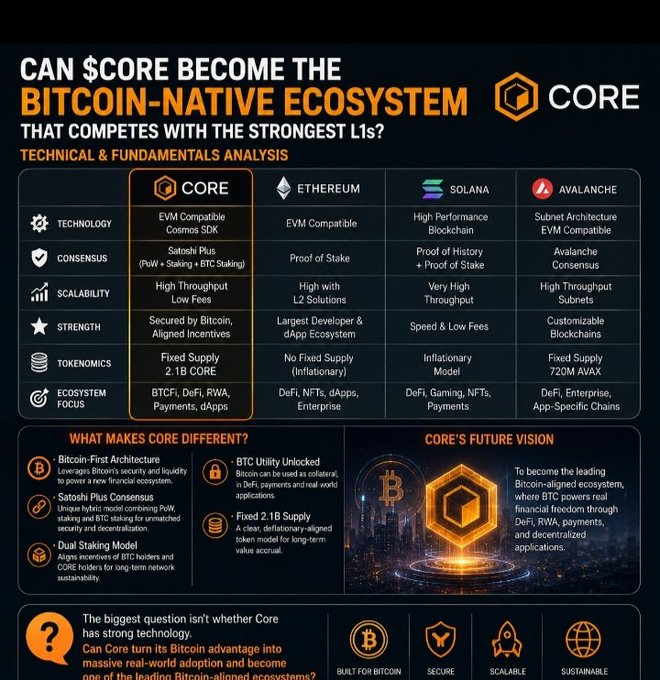An infographic titled 'CAN $CORE BECOME THE BITCOIN-NATIVE ECOSYSTEM THAT COMPETES WITH THE STRONGEST L1s?' comparing Core, Ethereum, Solana, and Avalanche across technical features.