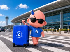 A 3D-rendered pink cartoon character with a blue horn wearing sunglasses and pulling a blue suitcase, walking across a pedestrian crosswalk in front of an airport terminal.