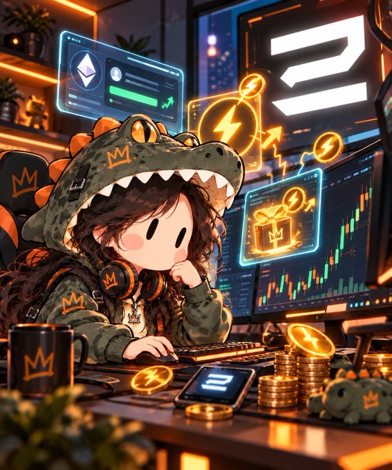 A digital illustration of a chibi character in a crocodile hoodie sitting at a trading setup with multiple monitors displaying charts and cryptocurrency logos.