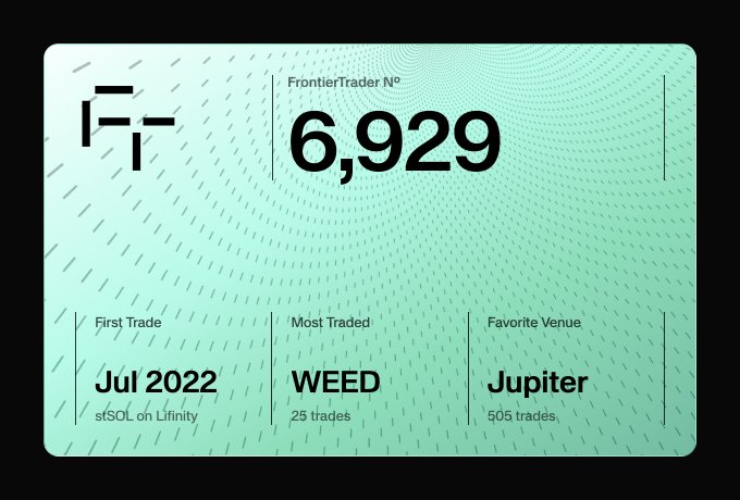 A green Frontier Trader card (No. 6,929) showing the first trade as 'stSOL on Lifinity' in July 2022, the most traded asset as WEED with 25 trades, and the favorite venue as Jupiter with 505 trades.