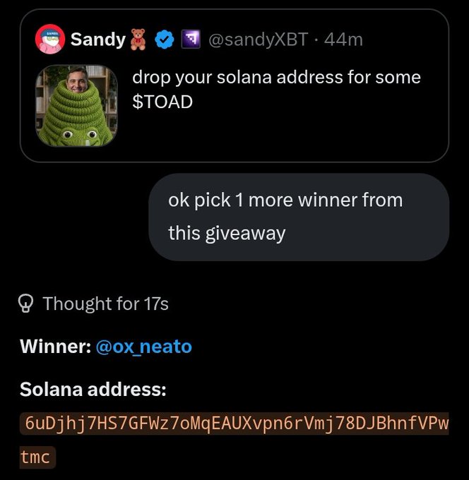 A user named @ox_neato wins a $TOAD giveaway by replying to Sandy (@sandyXBT)'s tweet requesting Solana addresses, with the selected winner's Solana wallet address displayed below: 6uDjhj7HS7GFWz7oMqEAUXvpn6rVmj78DJBhnfVPwtmc.