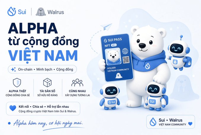 A Vietnamese promotional graphic for “Sui | Walrus” announces “ALPHA từ cộng đồng VIỆT NAM,” featuring a mascot, a “SUI PASS NFT,” and feature icons for transparency, scalability, and community.
