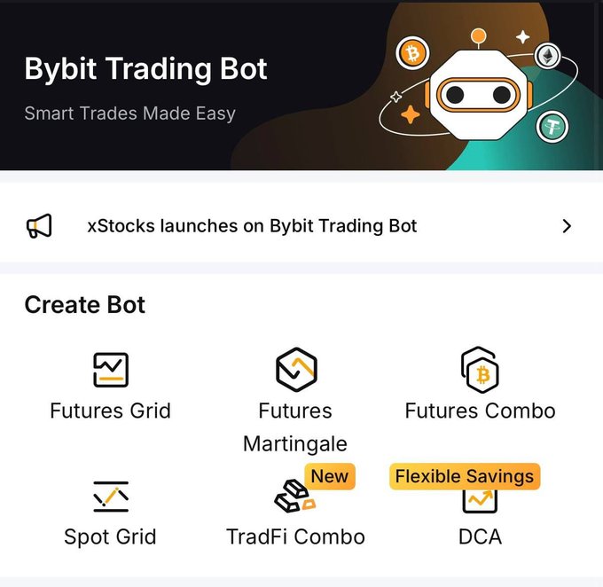 The image shows the "Bybit Trading Bot" interface with the tagline "Smart Trades Made Easy," featuring a "Create Bot" section that displays six bot options: Futures Grid, Futures Martingale, Futures Combo, Spot Grid, TradFi Combo (marked as "New"), and Flexible Savings DCA. This relates to the post by highlighting the new TradFi Combo Bot among Bybit's available automated trading strategies.