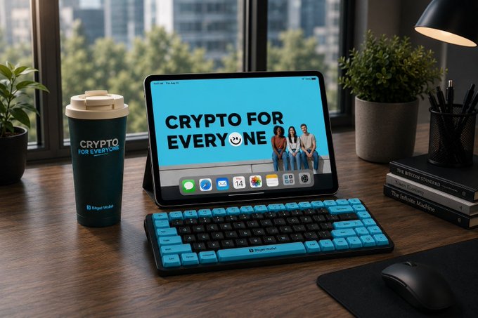 A modern desk setup features a tablet displaying "CRYPTO FOR EVERYONE" with a group of smiling people, accompanied by a matching branded travel mug and a blue-and-black keyboard, reinforcing the post's message of making cryptocurrency accessible and approachable for all. The cohesive branding across the items, along with the inviting imagery, aligns with the call to "Learn it. Explore it. Own it."