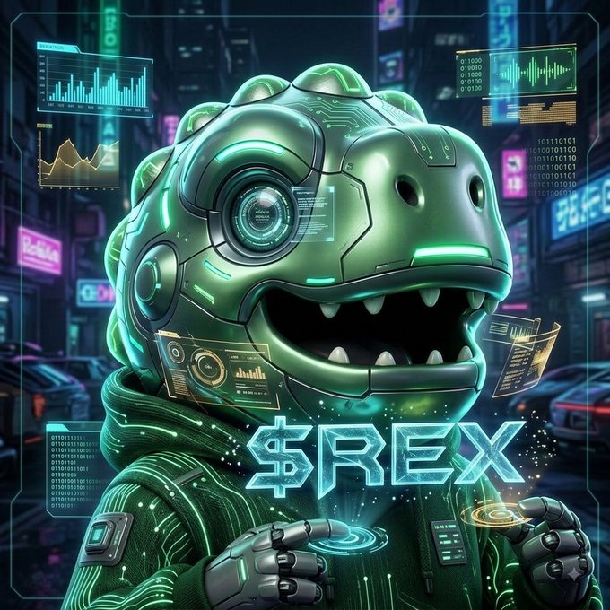 A detailed digital artwork of a green, robotic reptilian creature resembling a crocodile or dinosaur head, set against a cyberpunk cityscape background filled with data panels, charts, and binary code, with the text '$REX' prominently displayed.