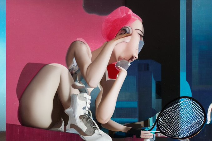 A stylized digital painting depicts a crouching woman in a pink headscarf and white sneakers holding a tennis racket against a vibrant pink and blue background.