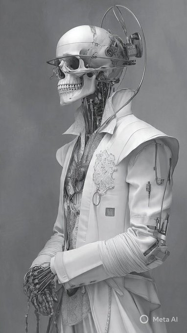 A monochromatic digital artwork of a cyborg/skeletal figure in white clothing with mechanical components, sunglasses, and a halo-like device, watermarked 'Meta AI'.