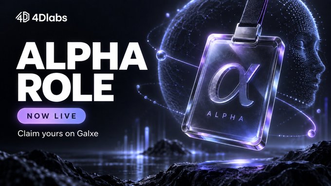 An advertisement for 4Dlabs displays 'ALPHA ROLE NOW LIVE - Claim yours on Galxe' with a glowing purple ID badge featuring the Greek letter α against a cosmic background.