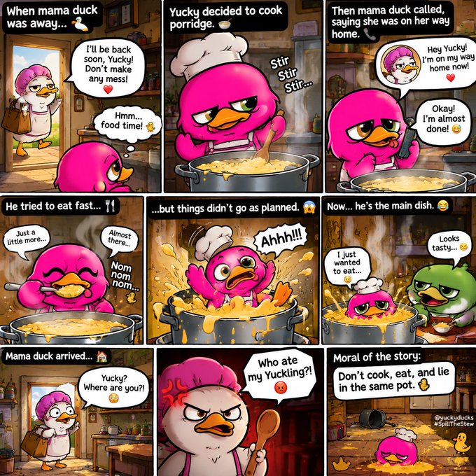 A comic strip titled 'When mama duck was away' follows a pink duck named Yucky who decides to cook porridge, eats it prematurely, and ends up becoming the main dish himself when his mom returns, ending with the moral 'Don't cook, eat, and lie in the same pot.'