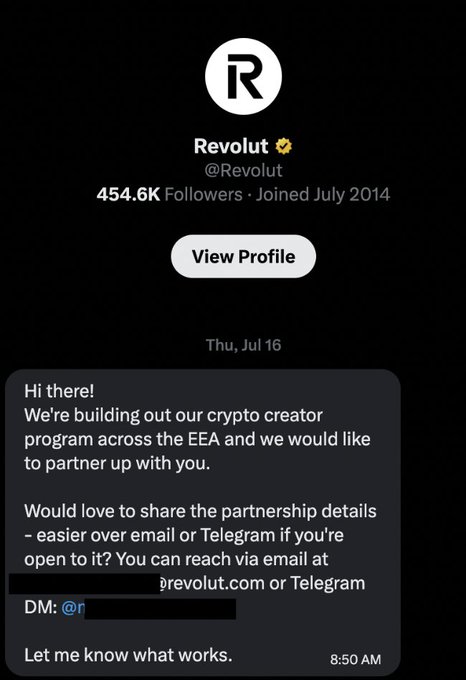 A Twitter screenshot of a verified account named 'Revolut' (@Revolut) with 454.6K followers, dated Thu Jul 16, containing a DM about partnering for a crypto creator program, with email and Telegram contact info partially redacted.