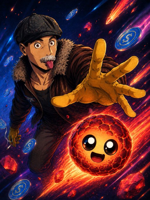 A vibrant anime-style illustration of an older man with a mustache and cap reaching toward the viewer, accompanied by a cute fiery meteor-like creature with a smiling face, set against a cosmic background with swirling energy and floating coins.