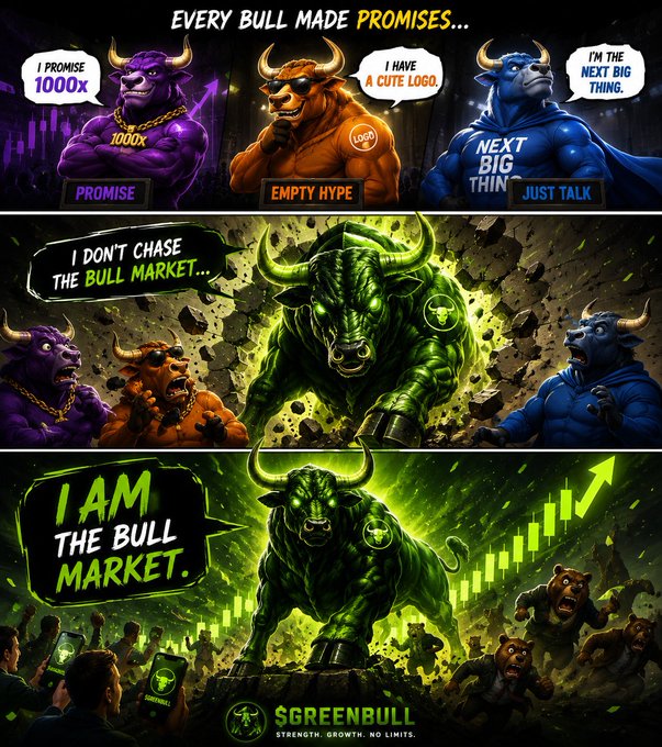 A three-panel crypto meme comic titled 'EVERY BULL MADE PROMISES...' featuring cartoon bulls labeled 'PROMISE', 'EMPTY HYPE', and 'JUST TALK', with a green '$GREENBULL' declaring 'I AM THE BULL MARKET.' with the tagline 'STRENGTH. GROWTH. NO LIMITS.'