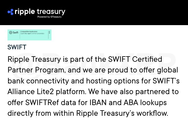 The image shows a webpage from Ripple Treasury describing its partnership with SWIFT, highlighting that Ripple Treasury is part of the SWIFT Certified Partner Program and offers global bank connectivity, hosting options for SWIFT's Alliance Lite2 platform, and SWIFTRef data for IBAN and ABA lookups.