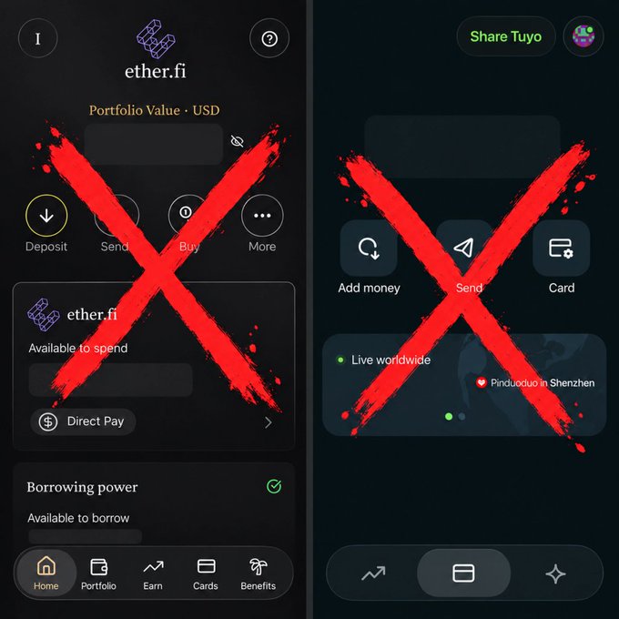 Side-by-side screenshots of the ether.fi crypto app and Tuyo payment app, both crossed out with large red X marks.