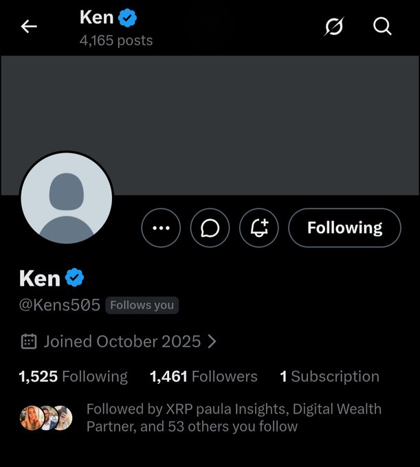 A screenshot of a Twitter/X profile for "Ken" (@Kens505) with a verified blue checkmark, showing 4,165 posts, 1,525 following, and 1,461 followers, joined October 2025. The image serves as visual proof of the real Ken being celebrated in the shoutout post as a dedicated XRP HODLer.