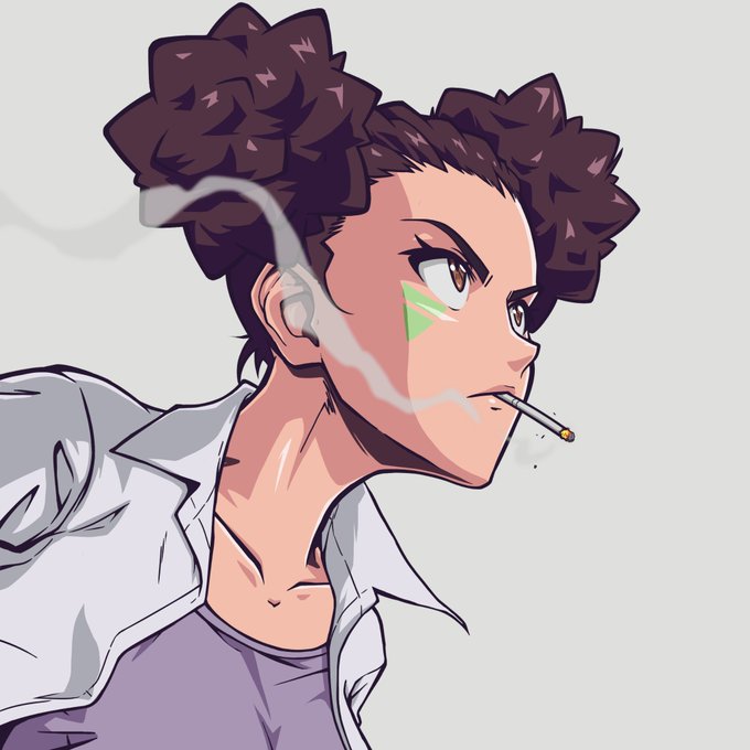 An anime-style digital illustration of a character with dark curly hair in twin buns, a green triangular mark under the eye, smoking a cigarette with smoke trailing across the face, wearing a white collared shirt.