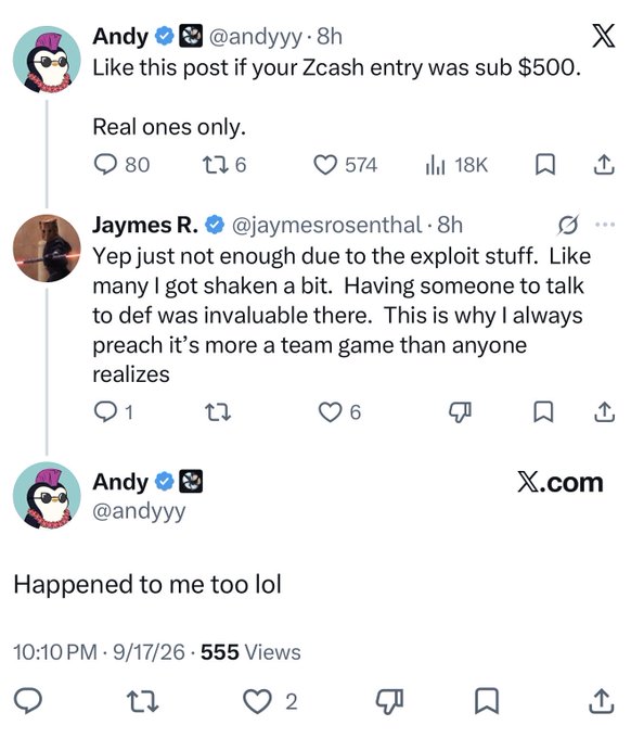 A series of X (Twitter) posts by Andy (@andyyy) and Jaymes R. (@jaymesrosenthal) discussing Zcash entry amounts and security exploits, with one post reading 'Happened to me too lol'.
