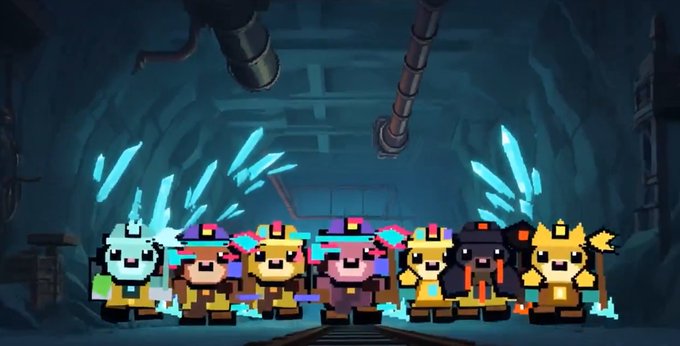 A row of pixel-art video game characters stands in a mine tunnel with blue glowing crystals and wooden support beams.