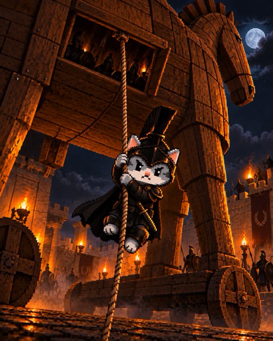 A pixel-art cat dressed as a Roman centurion sneaks down a rope from a wooden siege tower under a moonlit sky, evoking a stealthy military assault. The image visually echoes the post's metaphor of a covert attack on Wall Street, with the Robinhood reference fitting the rebellious Trojan-horse style raid.